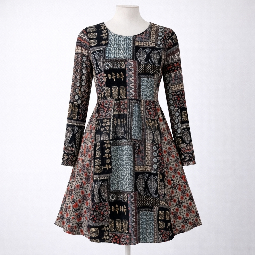 Vintage 90's Y2K Patchwork Long Sleeve Dress Skater Babydoll Boho Grannycore